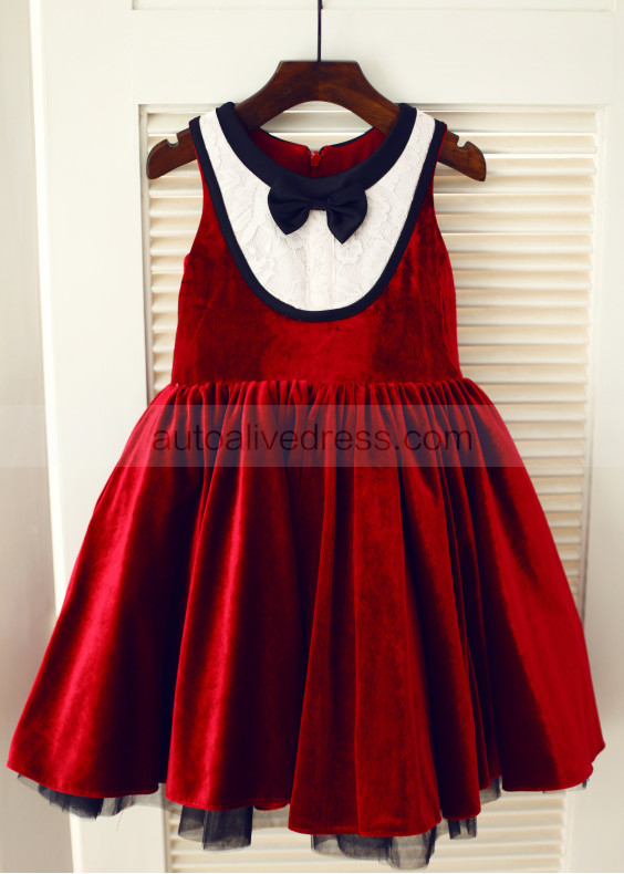 Red Velvet Ivory Lace Vintage Flower Girl Dress